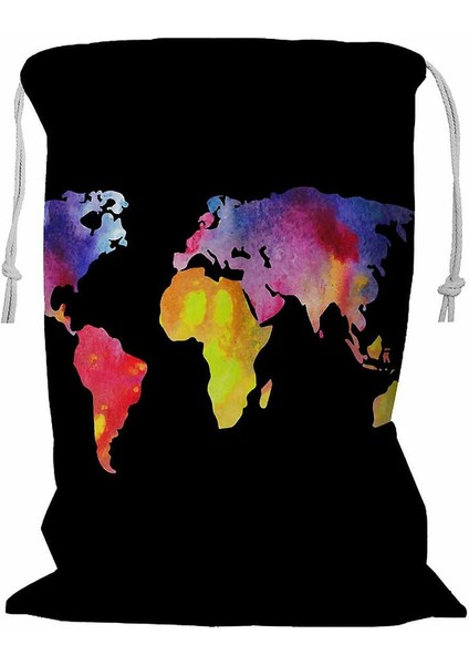 Dünya Haritası Suluboya Boyalı Ipli Çamaşır Sepeti 45X60 cm (Yurt Dışından)