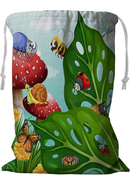 Bahçede Uçuşan Böcekler Ipli Çamaşır Sepeti 45X60 cm (Yurt Dışından)