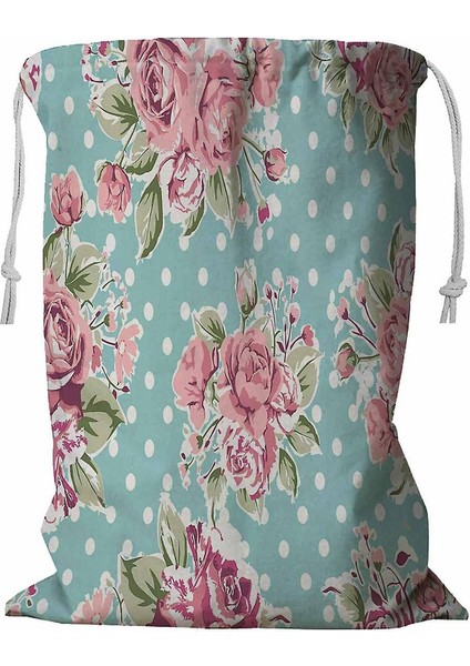 Yeşil Zemin Üzerine Pembe Vintage Gül Desenli Ipli Çamaşır Sepeti 45X60 cm (Yurt Dışından)