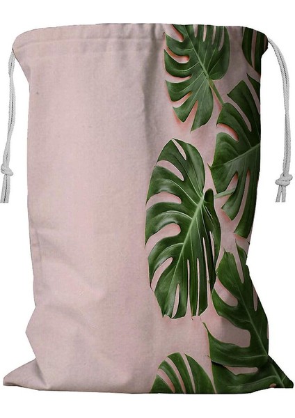 Pembe Zemin Üzerinde Tropikal Yapraklar Monstera Ipli Çamaşır Sepeti 45X60 cm (Yurt Dışından)