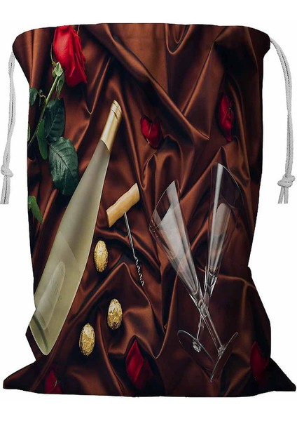 Saten Kumaş Üzerine Gül Yaprakları ve Çilek Ipli Çamaşır Sepeti 45X60 cm (Yurt Dışından)