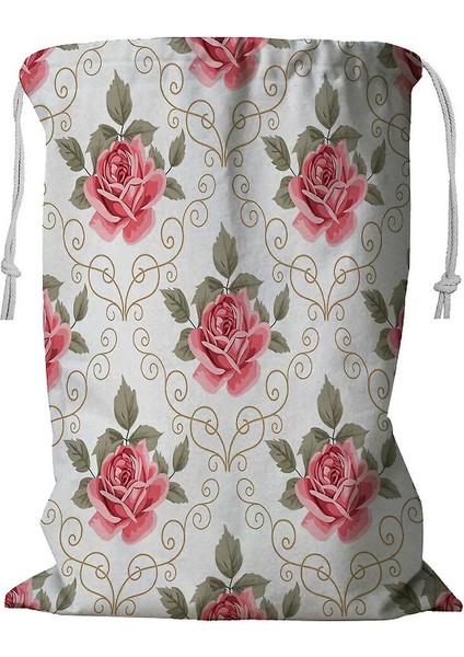 Pembe Gül Vintage Kordonlu Çamaşır Sepeti 45X60 cm (Yurt Dışından)