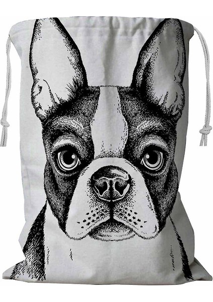 Siyah Beyaz Eskiz Bir Geyik Yavrusu Boston Terrier Yüzü Ipli Çamaşır Sepeti 45X60 cm (Yurt Dışından)