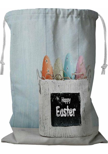 Paskalya Yumurtaları Mavi Ipli Ahşap Çamaşır Sepeti 45X60 cm (Yurt Dışından)