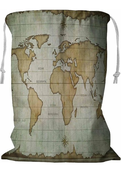 Vintage Eski Dünya Haritası Ipli Çamaşır Sepeti 45X60 cm (Yurt Dışından)