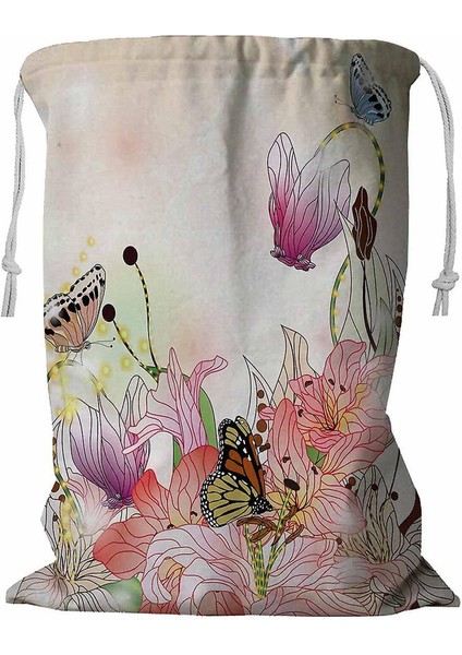 Garden Farklı Çiçek Türleri Kelebekler ve Uzay Ipli Çamaşır Sepeti 45X60 cm (Yurt Dışından)