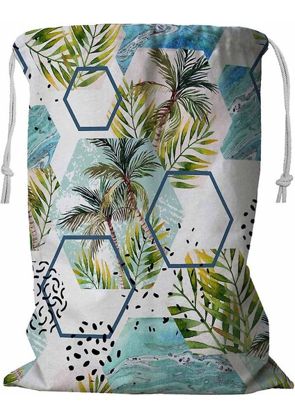 Tropikal Yaprak Geometrili Çamaşır Sepeti Kordonlu 45X60 cm (Yurt Dışından)