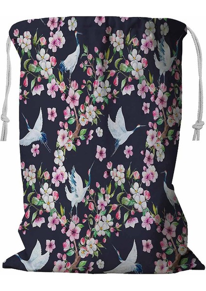 Kırmızı Başlı Turna Çiçek Açan Kiraz Dalı Ipli Çamaşır Sepeti 45X60 cm (Yurt Dışından)