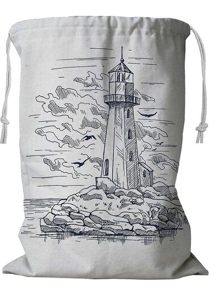 Iand With Rocks And Lighthouse Sketch Birds Near Clouds Ipli Çamaşır Sepeti 45X60 cm (Yurt Dışından)