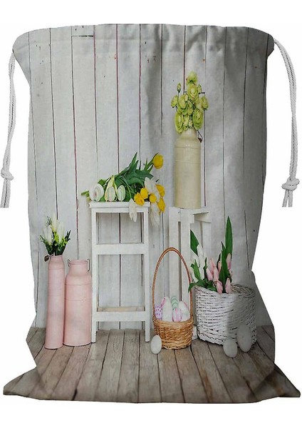 Vintage Yumurtalı ve Lale Çiçekli Paskalya Dekorasyonu Ipli Çamaşır Sepeti 45X60 cm (Yurt Dışından)