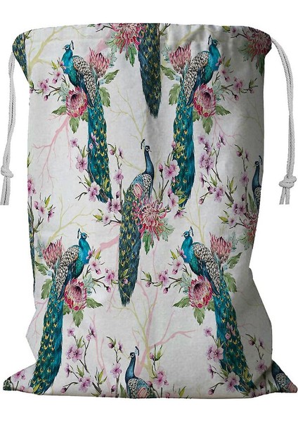Ağaçta Tavus Kuşu Kiraz Çiçekli Ağaçlar Ipli Çamaşır Sepeti 45X60 cm (Yurt Dışından)