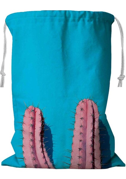 Pembe Kaktüs Sade Tasarım Kordonlu Çamaşır Sepeti 45X60 cm (Yurt Dışından)