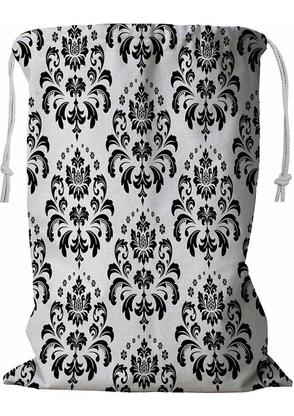 Siyah Beyaz Dokulu Çiçek Süslemeli Ipli Çamaşır Sepeti 45X60 cm (Yurt Dışından)