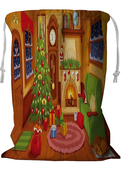 Noel Oturma Odası Kanepe Şömine Saat Köknar Ağacı Ipli Çamaşır Sepeti 45X60 cm (Yurt Dışından)