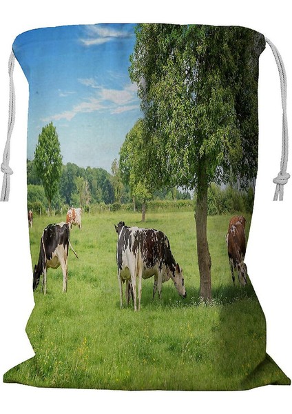 Norman Çimenli Yeşil Alanda Otlayan Siyah Beyaz Inekler Ipli Çamaşır Sepeti 45X60 cm (Yurt Dışından)