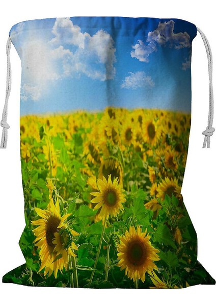 Güzel Manzara Ayçiçeği Tarlası Bulutlu Mavi Gökyüzü Ipli Çamaşır Sepeti 45X60 cm (Yurt Dışından)