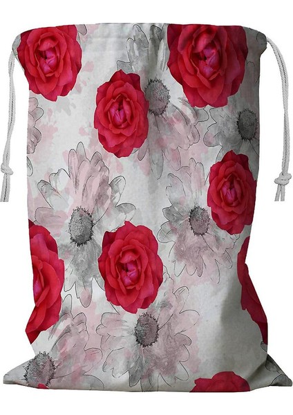 Çiçekli Ekose Çamaşır Sepeti Kordonlu 45X60 cm (Yurt Dışından)