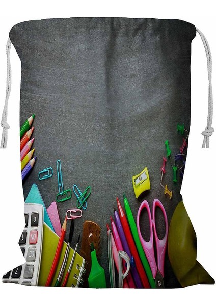 Karatahta Üzerinde Okul Malzemeleri Ipli Çamaşır Sepeti 45X60 cm (Yurt Dışından)