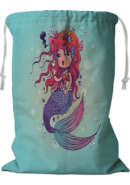 Küçük Deniz Kızı Deniz Altında Doodle Karikatür Karakterli Ipli Çamaşır Sepeti 45X60 cm (Yurt Dışından)