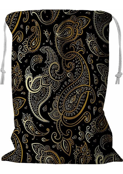 Altın Zarif Vintage Grafik Kordonlu Çamaşır Sepeti 45X60 cm (Yurt Dışından)