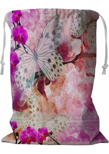 Kelebekler ve Orkideler Çiçekler Pembe Dantelli Çamaşır Sepeti Ipli 45X60 cm (Yurt Dışından)