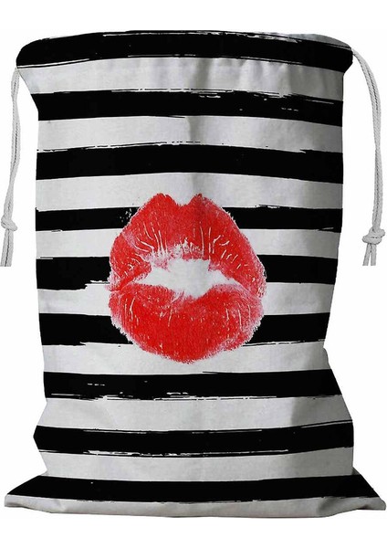 Fashion Kırmızı Dudaklı Kadın Baskısı Siyah Çizgi Çizgili Ipli Çamaşır Sepeti 45X60 cm (Yurt Dışından)