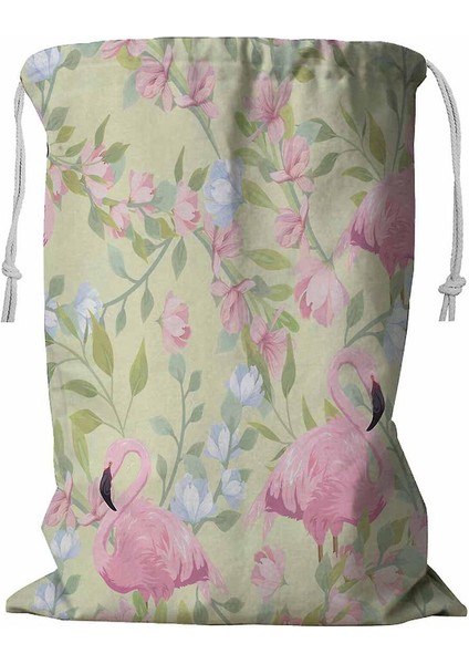 Gentle Pembe Çiçekler ve Flamingo Ipli Çamaşır Sepeti 45X60 cm (Yurt Dışından)
