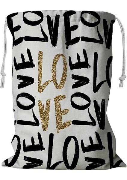 Sevgililer Günü Fırça Harfli Altın Simli Yazı Siyah Ipli Çamaşır Sepeti 45X60 cm (Yurt Dışından)