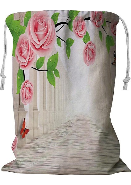 Pembe Güllü Çamaşır Sepeti Kordonlu 45X60 cm (Yurt Dışından)