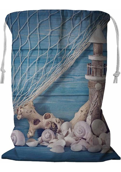 Ocean Dekoratif Mavi Fonlu Kordonlu Çamaşır Sepeti 45X60 cm (Yurt Dışından)