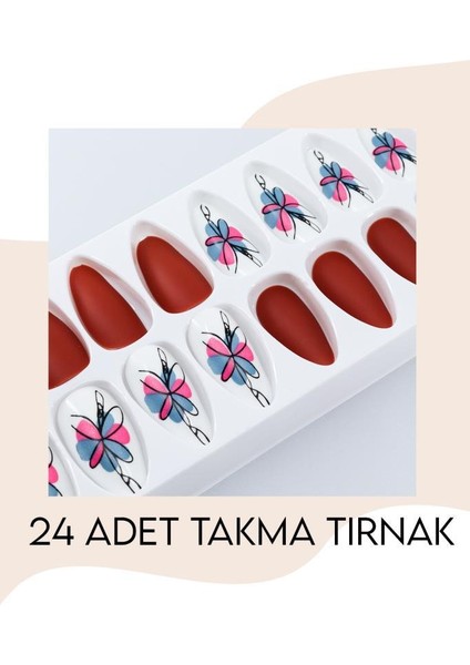 24'lü Parlak Beyaz-Kırmızı Kelebek Modelli Takma Tırnak T-84 E