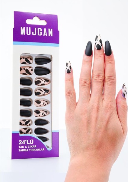 24'lü Parlak Siyah-Beyaz Zebra Desen Takma Tırnak T-82 C