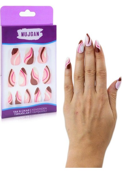 12'li Pembe ve Kahverengi Çizgili Takma Tırnak T90 A