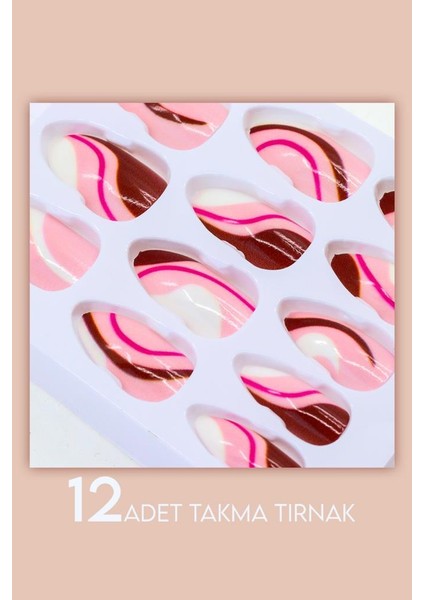 12'li Pembe ve Kahverengi Çizgili Takma Tırnak T90 A