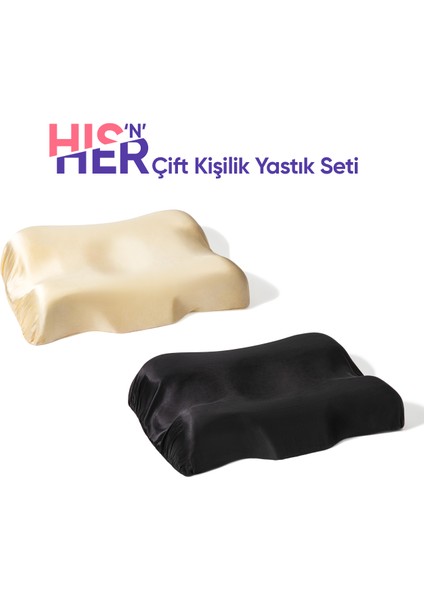 Beauty Pillow Hers & His Çift Kişilik Yastık Seti (Bej & Siyah Ipek Yastık Kılıflı)