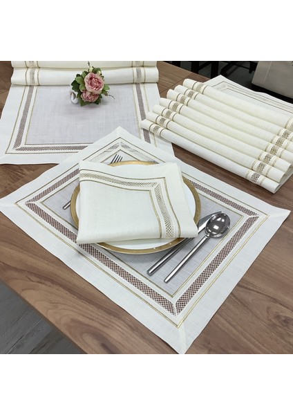 Oya Home Kolber Detaylı Gold Çift Dikişli Amerıkan Servis& Peçete& Ranır Set