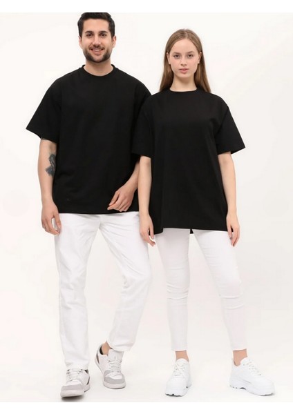 Unisex Siyah Oversize Bol Kalıp Basic T-Shirt (Sevgili Çift Kombini Tavsiyesi)