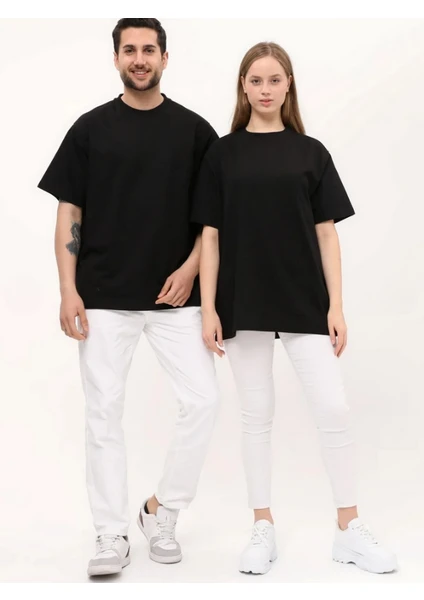 giyadda Unisex Siyah Oversize Bol Kalıp Basic T-Shirt (Sevgili Çift Kombini Tavsiyesi)