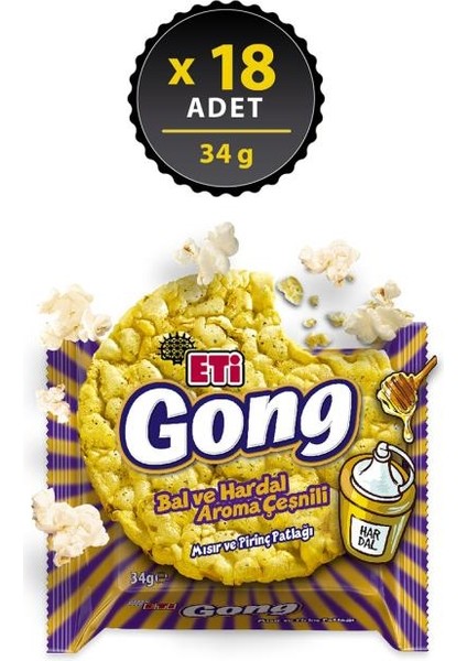 Gong Bal ve Hardal Aroma Çeşnili Mısır ve Pirinç Patlağı 34 G x 18 Adet