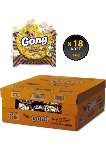 Gong Bal ve Hardal Aroma Çeşnili Mısır ve Pirinç Patlağı 34 G x 18 Adet