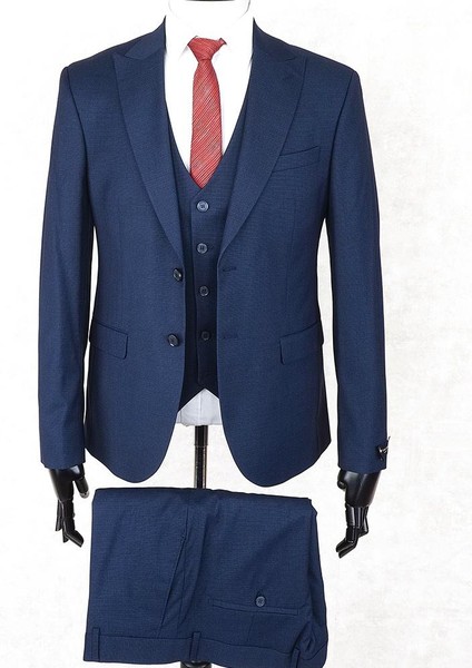 Slim Fit Sivri Yaka-Çift Yırtmaç Lacivert Drop 6 Yelekli Takım Elbise
