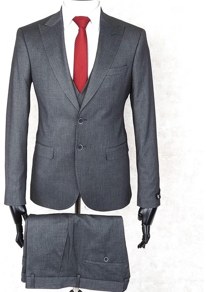 Slim Fit Sivri Yaka-Çift Yırtmaç Koyu Gri Drop 6 Yelekli Takım Elbise