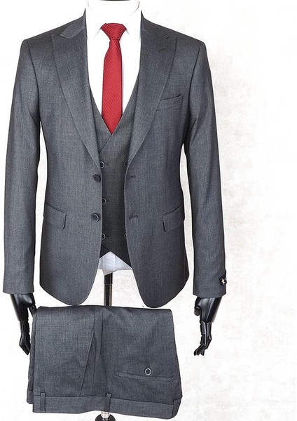 Slim Fit Sivri Yaka-Çift Yırtmaç Koyu Gri Drop 6 Yelekli Takım Elbise
