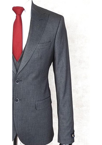 Slim Fit Sivri Yaka-Çift Yırtmaç Koyu Gri Drop 6 Yelekli Takım Elbise