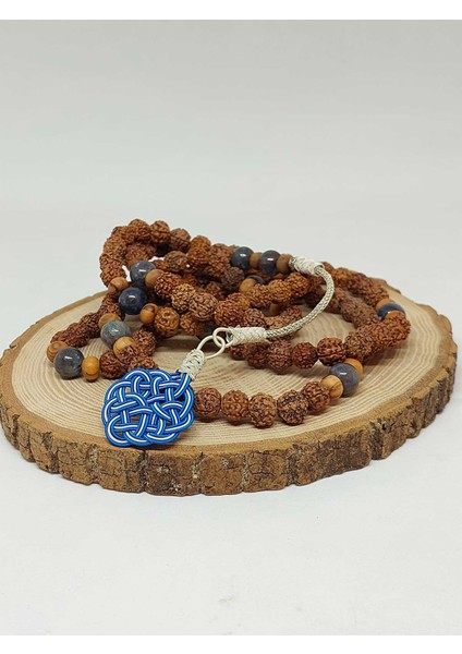 Rudraksha Tohumlu Kyanit Taşlı 108'LIK El Yapımı Bakır Kazazlı Mala Kolye