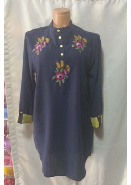 Lacivert Bayan Keten Tunik 4 Düğmeli Döşü Işlemeli Terletmez Kullanışlı Kaliteli Şık Güzel
