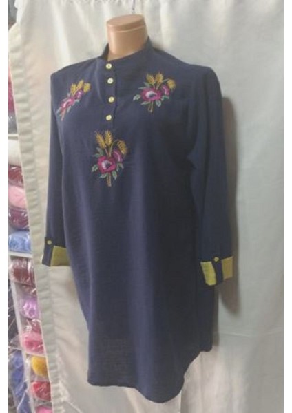 Lacivert Bayan Keten Tunik 4 Düğmeli Döşü Işlemeli Terletmez Kullanışlı Kaliteli Şık Güzel modelleri
