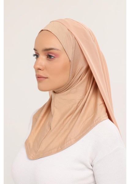 Hazır Lüks Pratik Hijablı Şifon Şal-Koyu Bej