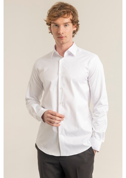 Erkek Beyaz Pamuk Saten Kolay Ütülenebilir Casual Cepsiz Modern Fit Gömlek fırsatları