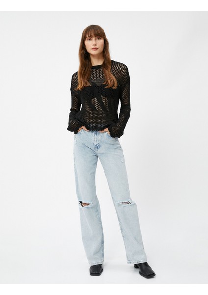 Oversize Kazak Ajurlu Örgü Bisiklet Yaka Uzun Kollu